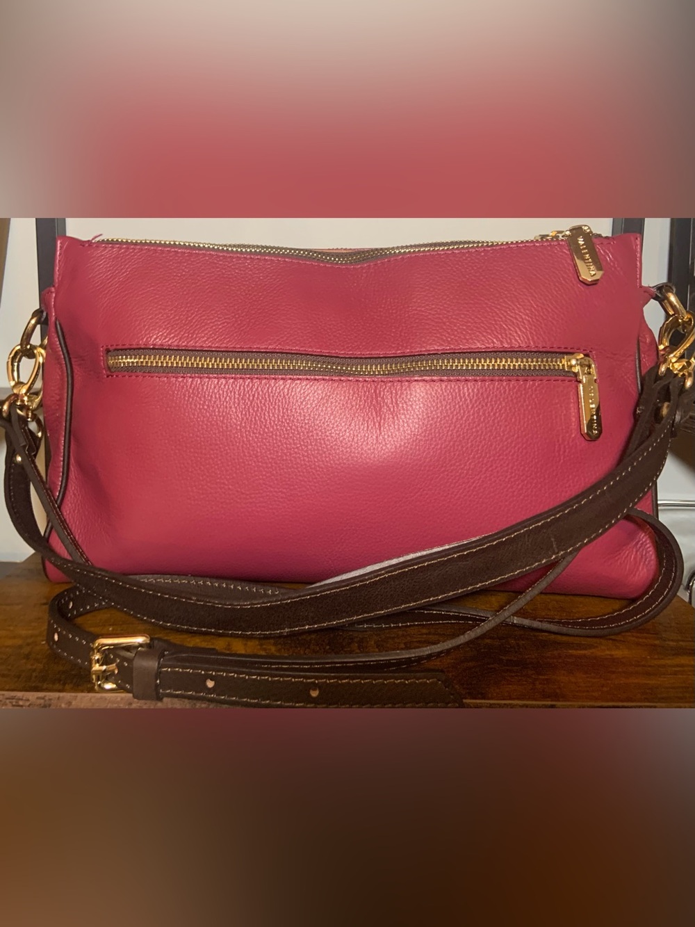 Valentina Berry Leather Shoulder Purse with 2 Brown Straps